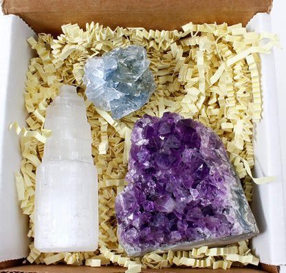 Amethyst Cluster Cut Base (Up to ½ Lb), Celestite, & Selenite Tower (3" Tall), Healing Crystal (3 Pc Set) Premium Grade A, Bohemian Home Décor, Natural Good Vibes, Metaphysical Info Cards