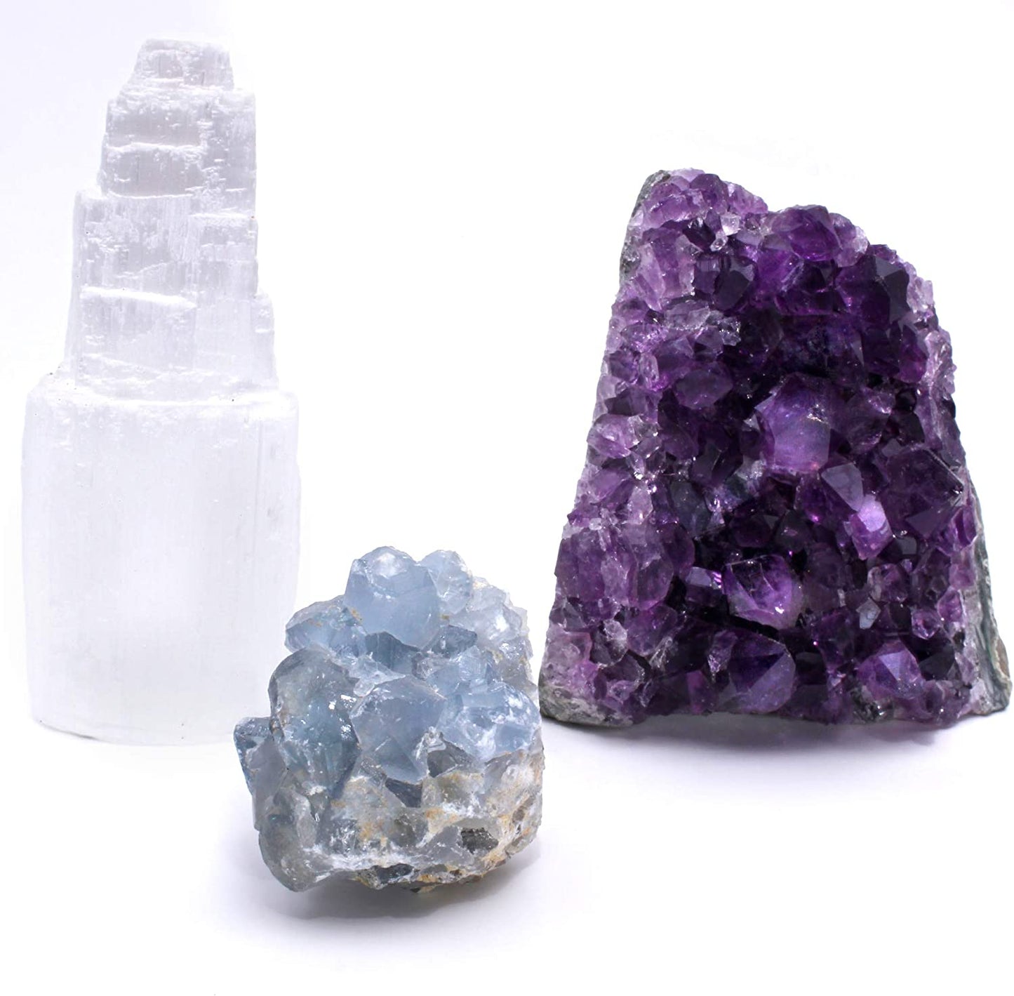 Amethyst Cluster Cut Base (Up to ½ Lb), Celestite, & Selenite Tower (3" Tall), Healing Crystal (3 Pc Set) Premium Grade A, Bohemian Home Décor, Natural Good Vibes, Metaphysical Info Cards