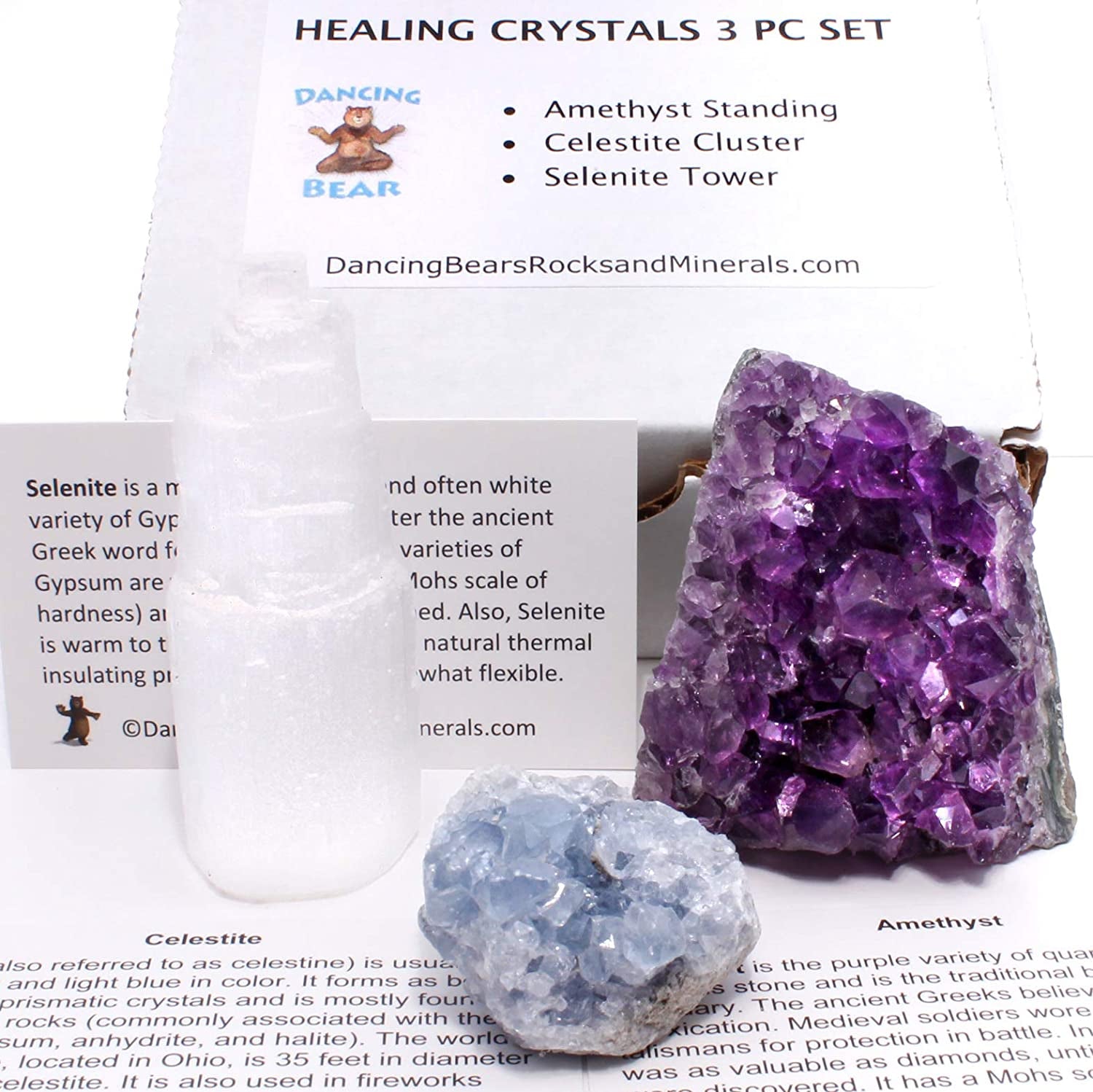 Amethyst Cluster Cut Base (Up to ½ Lb), Celestite, & Selenite Tower (3" Tall), Healing Crystal (3 Pc Set) Premium Grade A, Bohemian Home Décor, Natural Good Vibes, Metaphysical Info Cards