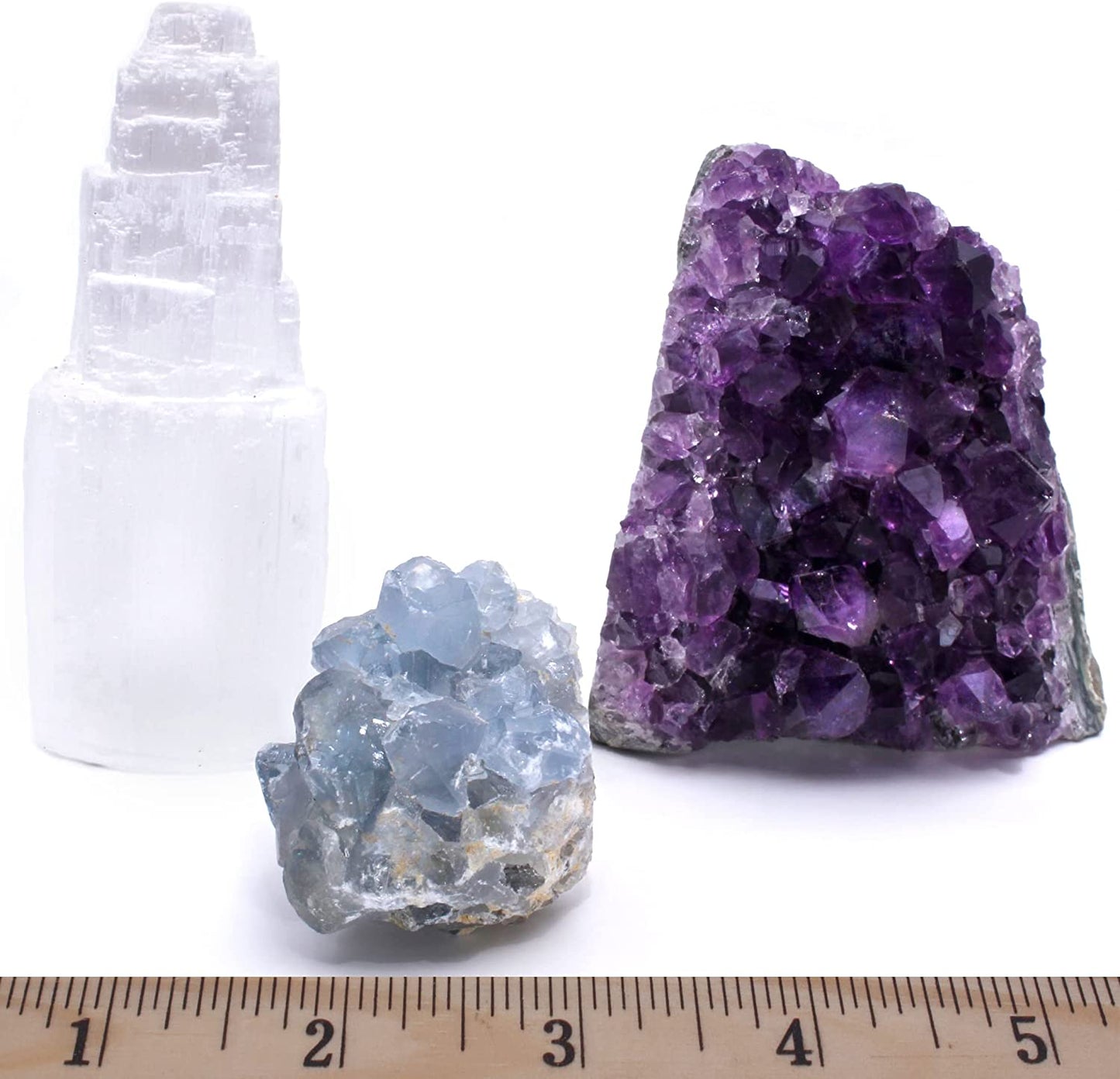 Amethyst Cluster Cut Base (Up to ½ Lb), Celestite, & Selenite Tower (3" Tall), Healing Crystal (3 Pc Set) Premium Grade A, Bohemian Home Décor, Natural Good Vibes, Metaphysical Info Cards