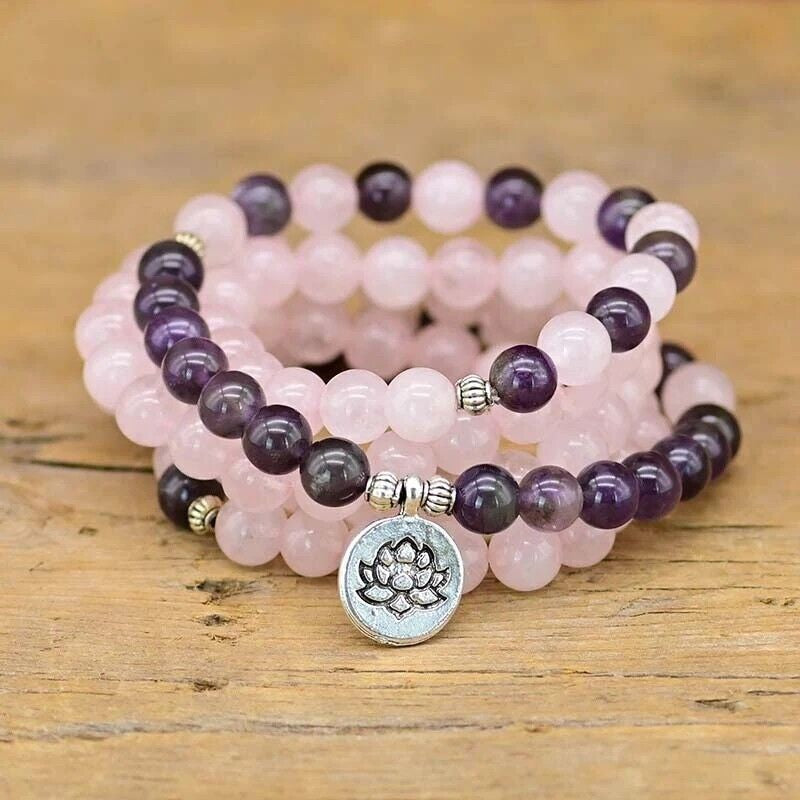 108 Mala Beads Amethyst Rose Quartz Healing Meditation Bracelet 