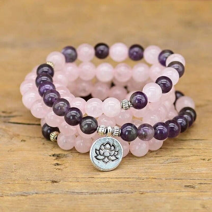 108 Mala Beads Amethyst Rose Quartz Healing Meditation Bracelet 