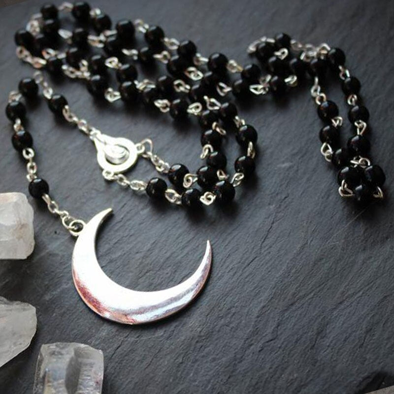 Moon Crescent Rosary, Black/Silver, Wicca, Pagan, Gothic