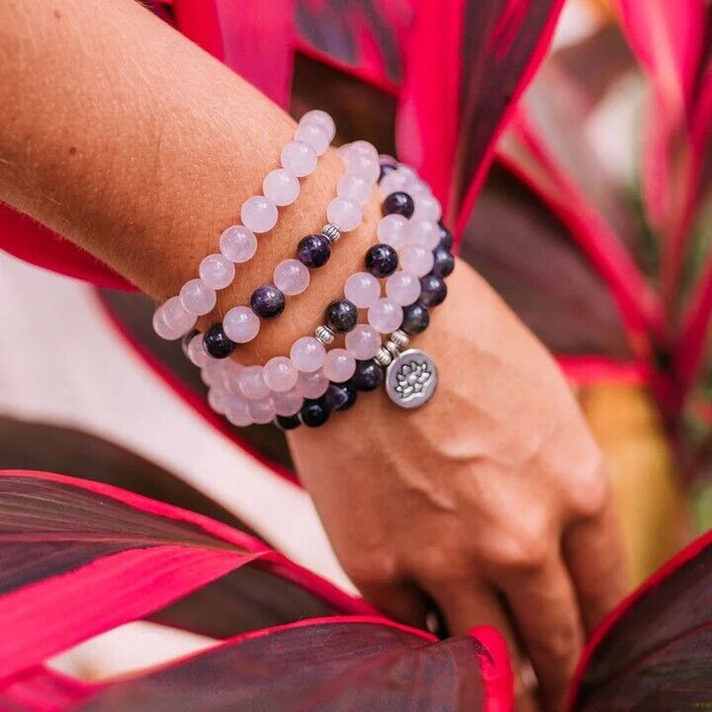 108 Mala Beads Amethyst Rose Quartz Healing Meditation Bracelet 