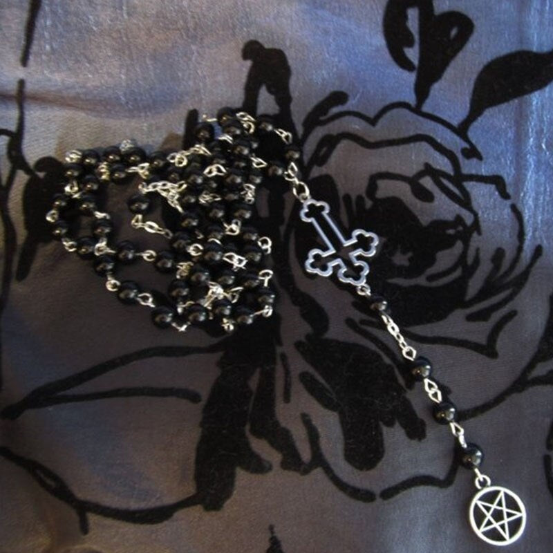 Moon Crescent Rosary, Black/Silver, Wicca, Pagan, Gothic