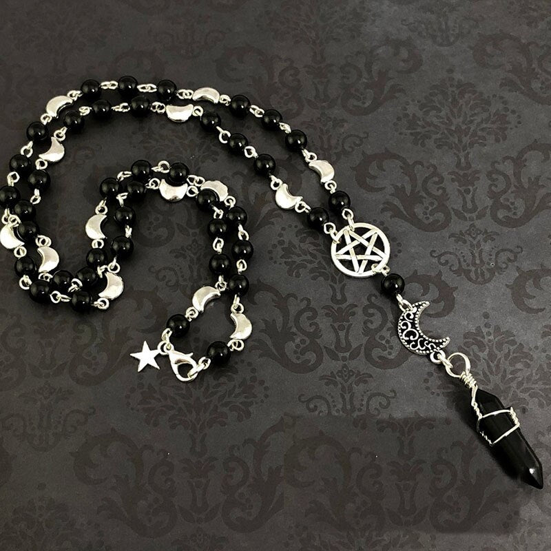 Moon Crescent Rosary, Black/Silver, Wicca, Pagan, Gothic