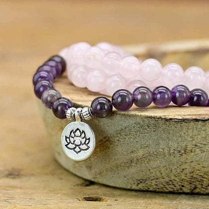 108 Mala Beads Amethyst Rose Quartz Healing Meditation Bracelet 