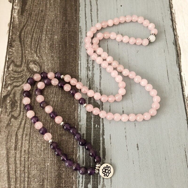 108 Mala Beads Amethyst Rose Quartz Healing Meditation Bracelet 