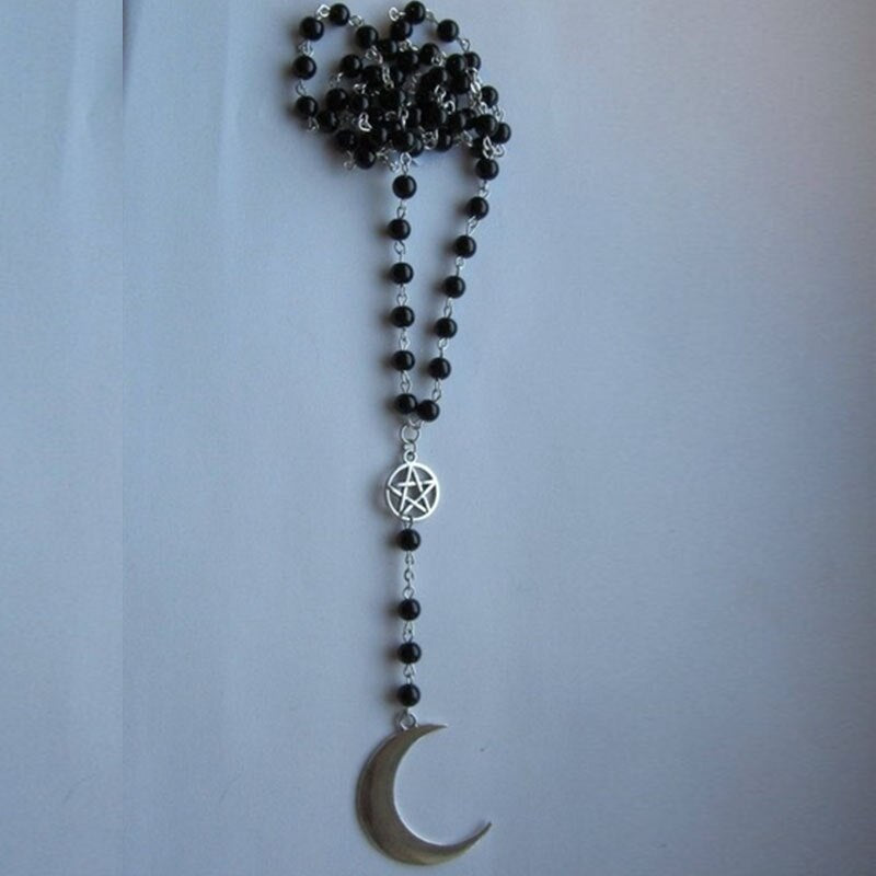 Moon Crescent Rosary, Black/Silver, Wicca, Pagan, Gothic