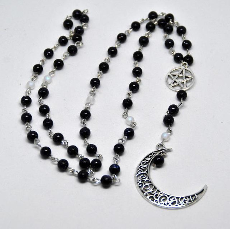 Moon Crescent Rosary, Black/Silver, Wicca, Pagan, Gothic